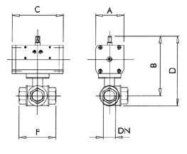 Dimensiones valvulas con actuador neumático de 3 vías